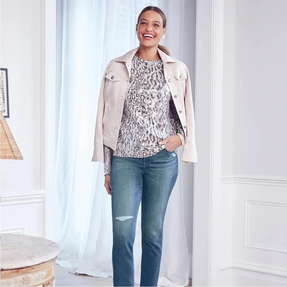 Chicos Print Sequin Top XL Mobwife Party Grunge Mod Longsleeve Animal Whimsy - Picture 2 of 13